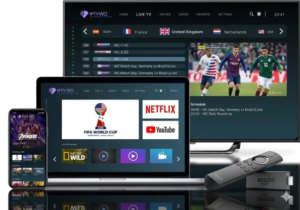 IPTVWO interface preview across devices - Smart TV, laptop, phone and Firestick streaming live TV, sports and movies